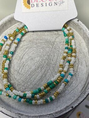 White Gold and Turquoise Green Beaded Bracelet Set of 3 Summer Fun Bracelets